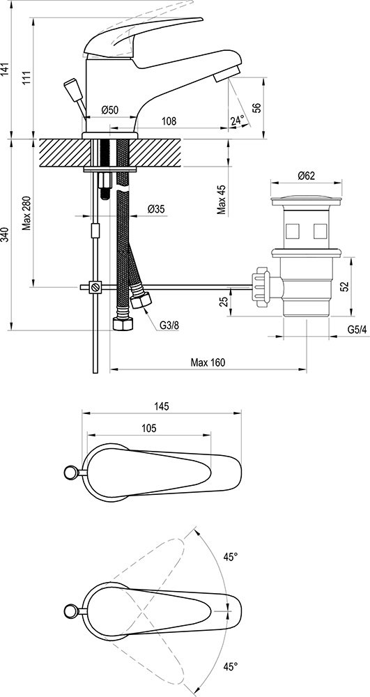 Washbasin standing tap Suzan with waste