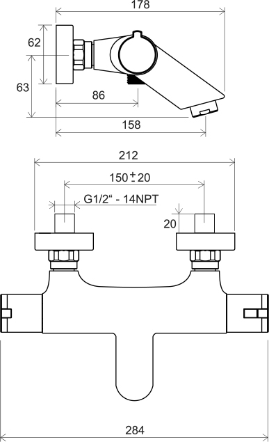 Thermostatic wall-mounted bathtub tap TE 022.00/150
