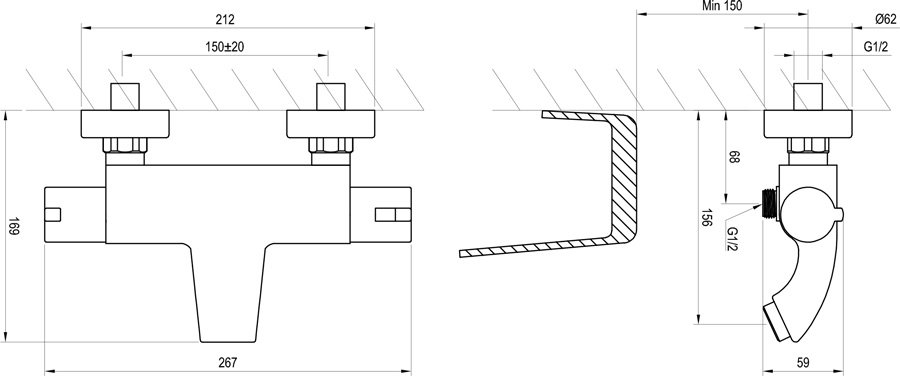 Thermostatic wall-mounted bathtub tap TE 082.00/150