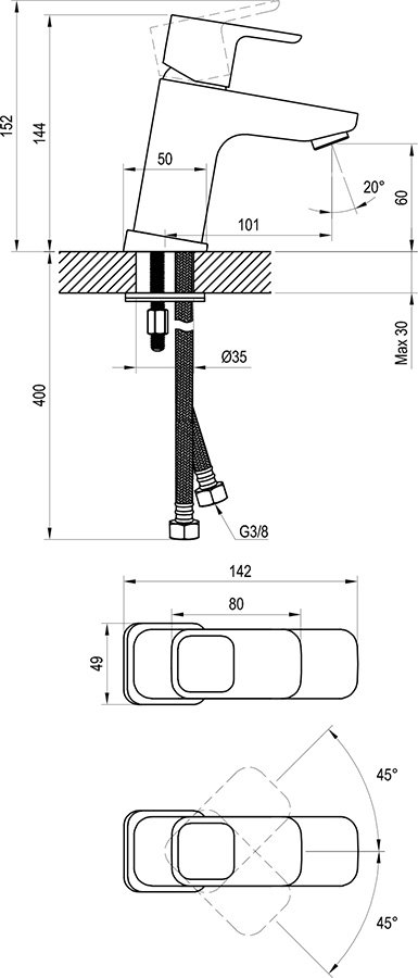 Valamusegisti äravoolukatteta, 145 mm