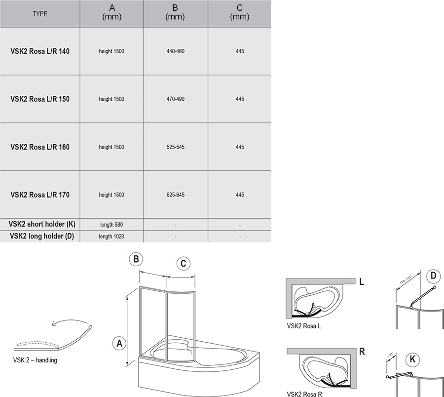 Bathtub screen VSK2 Rosa